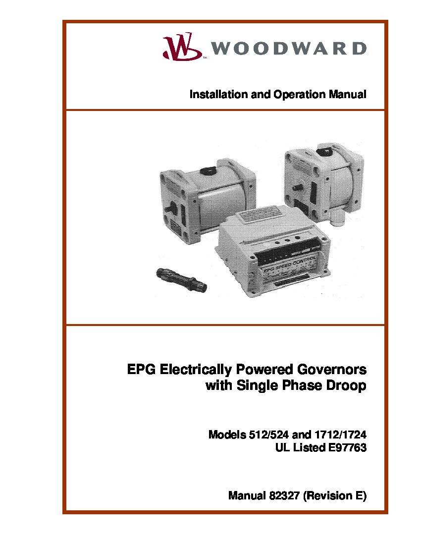 First Page Image of 8256-017 Woodward Models 1712-1724 and 512-524 Single Phase Droop EPG Manual 82327.pdf